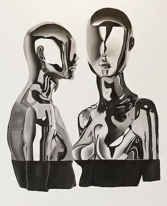 Deux bustes chromés face à face